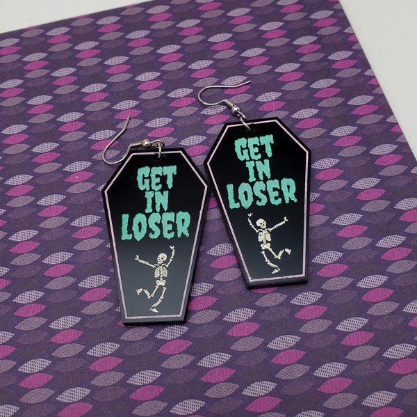 Get In Loser Coffin Earrings / Halloween Earrings / Skeleton Earrings