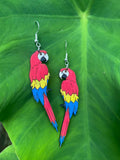 Scarlet Macaw Earrings | Hand Painted Wood Bird Earrings on Sterling Silver Hooks