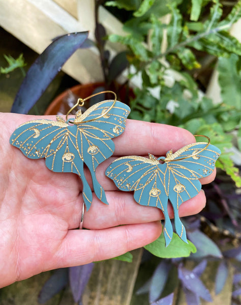 Moth Hoop Earrings | Luna Moth Earrings in Matte Sage Green & Gold