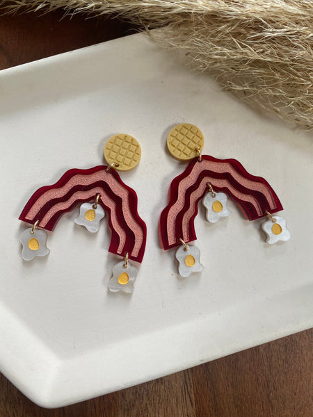 Breakfast Dangles | Bacon, Egg and Waffle Earrings