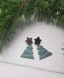 Matte Christmas Tree Earrings on Wooden Star Stud