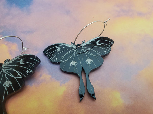 Luna Moth Hoop Earrings in Black & Silver