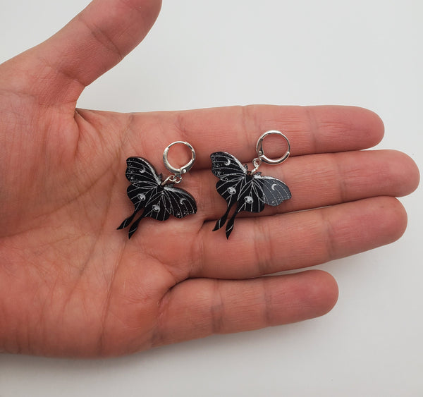 Mini Black & Silver Moth Earrings | Luna Moth Earrings | Lunar Moth on Silver Plated Huggie Hoops
